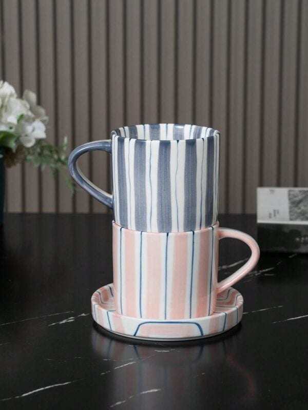 Juego de Taza y Platillo de Cerámica con Rayas Nórdicas QUIERODECO