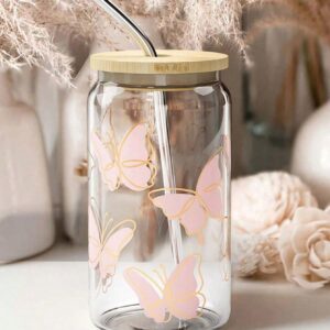 Vaso de vidrio con Mariposas Rosa QUIERODECO